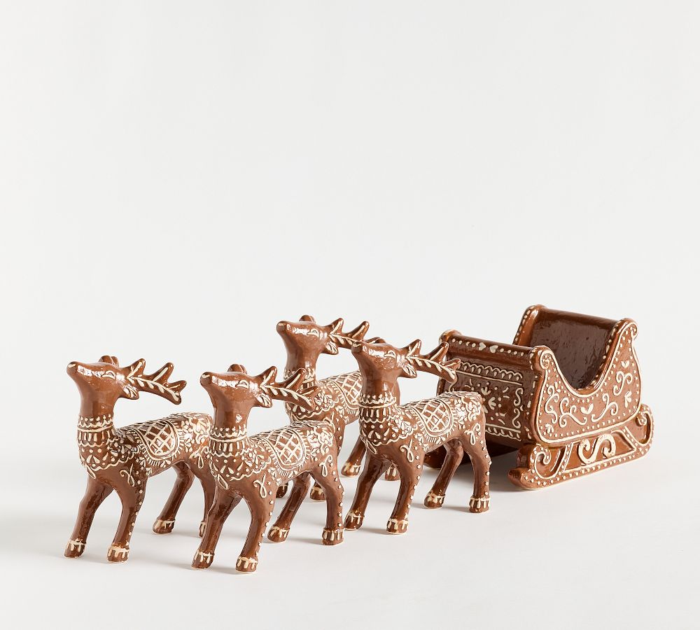 Handcrafted Ceramic Gingerbread Reindeer & Sleigh Set | Pottery